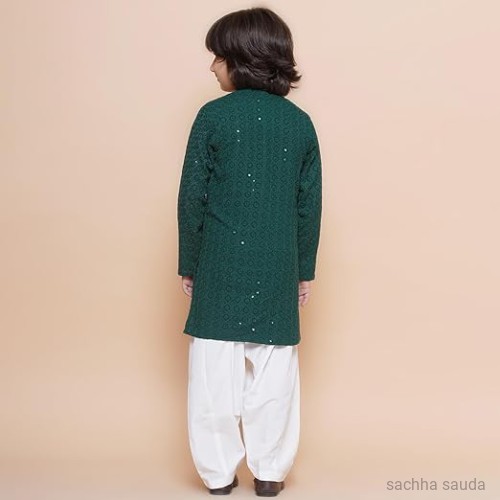 AJ DEZINES Kids Cotton Full Sleeve Sequined Chikankari Kurta Pajama Set for Boys - Ethnic wear | Special Occasion & Party Outfit | Mandarin Collar Kurta for boys - Regular Fit