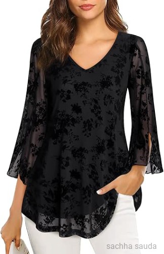 Bebonnie Womens Ruffle 3/4 Sleeve V Neck Double Layers Mesh Blouses Loose Fit Flowy Tunic Tops