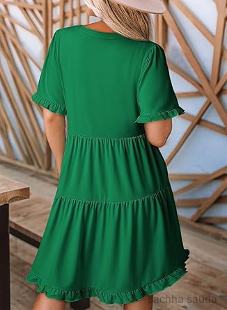 Dokotoo Womens Dresses 2025 Summer Spring V Neck Short Sleeve Casual A Line Flowy Swing Shift Dress Mini Dress