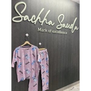 Women Stitch Print Cotton Hosiery Night Suit Set - Pink Co-ord Sleepwear