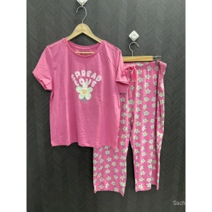 Women Floral Printed Cotton Hosiery Capri Night Suit Set (T-Shirt & Capri) - Soft Comfortable Sleepwear
