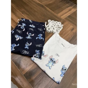 Women Stitch Print Cotton Hosiery Night Suit Set - White Top & Navy Pajama