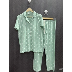 Women Leaf Print Cotton Hosiery Night Suit Set - Mint Green Co-ord Sleepwear