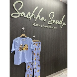Women Cartoon Printed Cotton Hosiery Night Suit Set (T-Shirt & Pajama) - Soft Blue Sleepwear